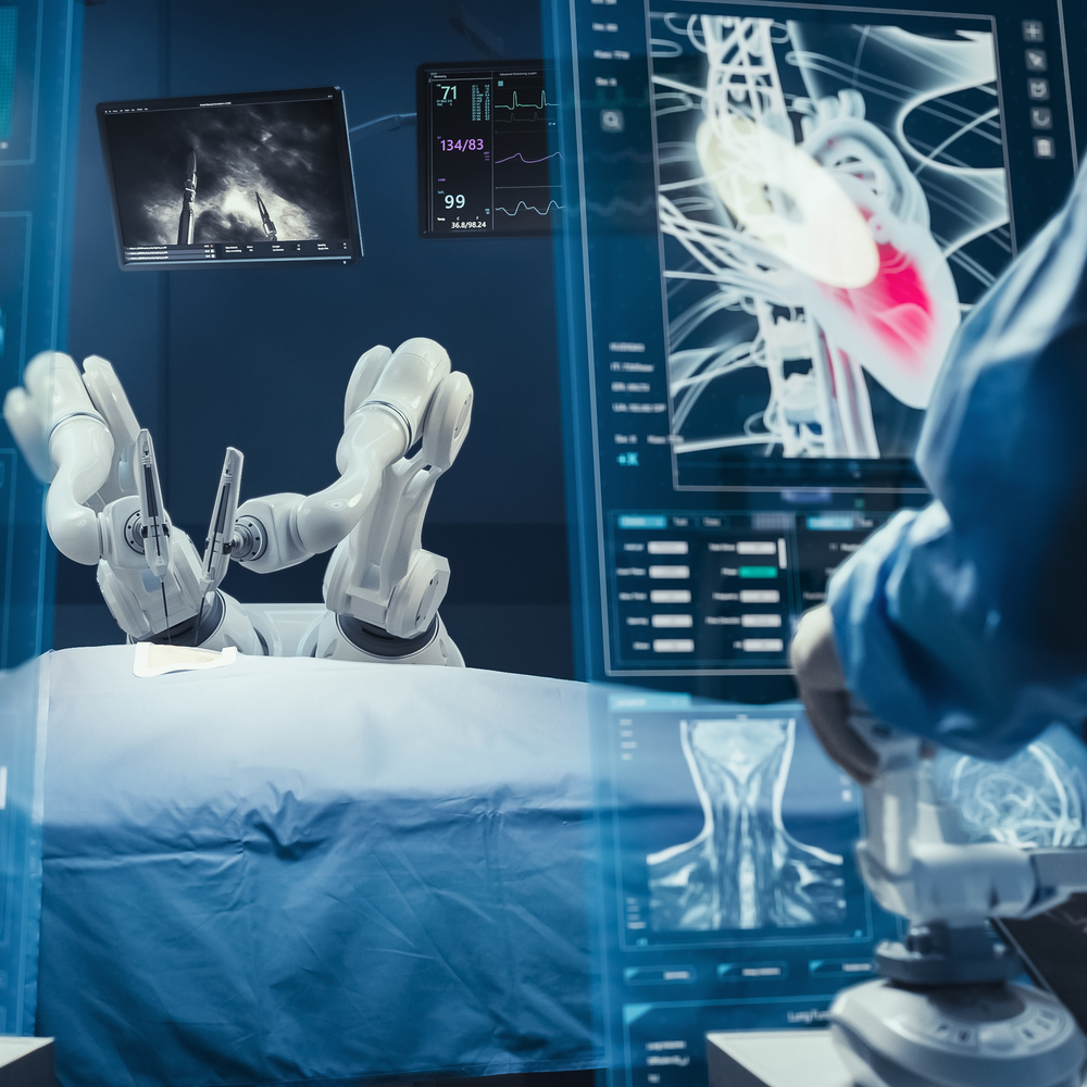 Surgeons wearing AR headsets, using high-precision remote controlled robot arms to operate on patient in hospital