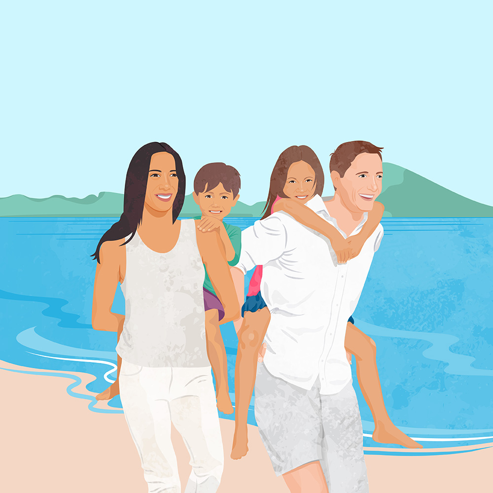 William Russell brand illustration showing a family in Mauritius beach