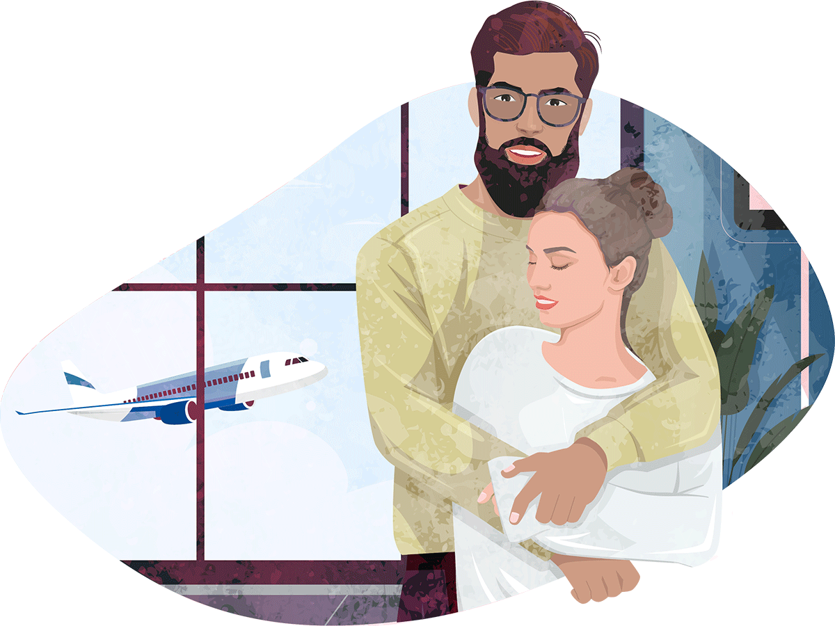 Expat couple waiting in the airport for their flight