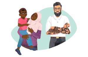William Russell brand illustration showing a mother with a child looking at a male with tattoos