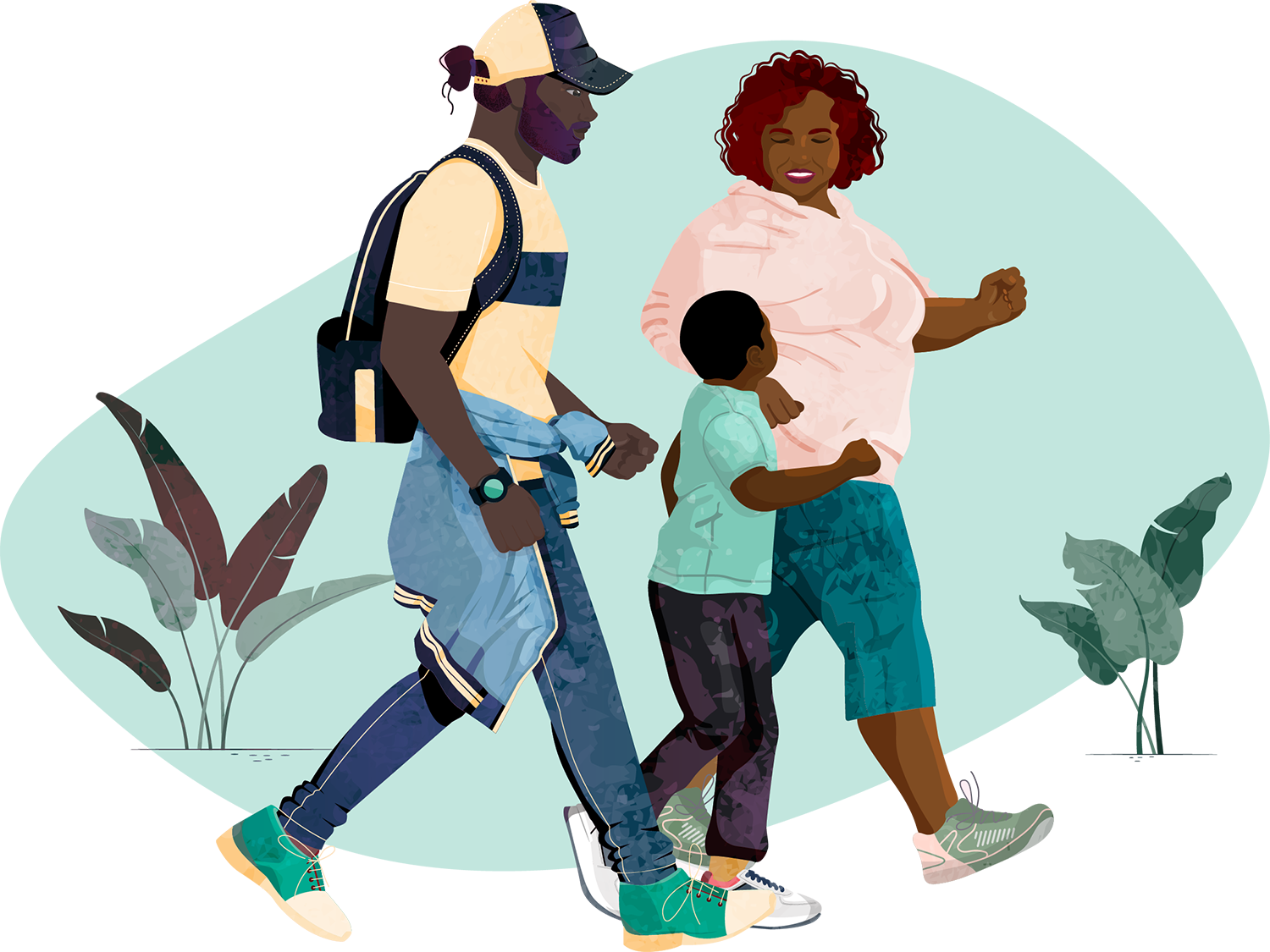 William Russell brand illustration showing a family running together outdoors