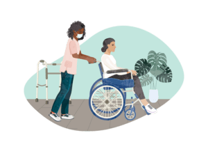 William Russell brand illustration showing a female patient in a pushchair with a nurse