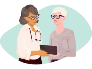 Two females looking at the device together