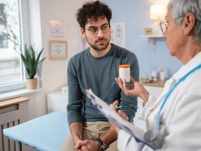 Senior female doctor standing talking to a male patient who is sitting on a bed at the doctors